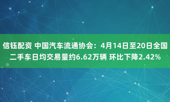 信钰配资 中国汽车流通协会：4月14日至20日全国二手车日均交易量约6.62万辆 环比下降2.42%