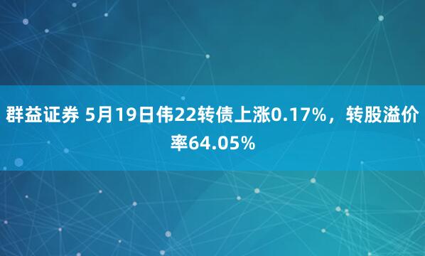 群益证券 5月19日伟22转债上涨0.17%，转股溢价率64.05%